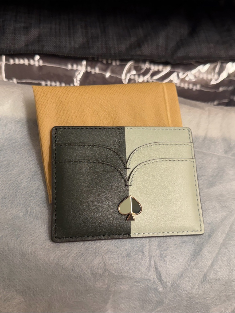 kate spade Two-Tone Green & Sage  Leather Card Holder with Spade Accent